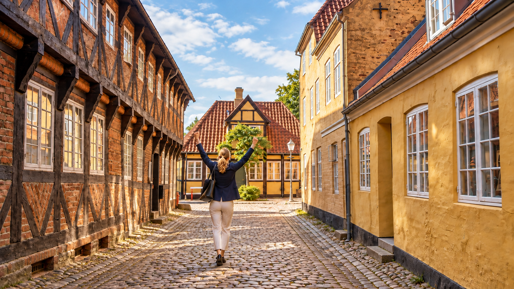 En kvinde løfter armene i glæde i en gammel gade i Kolding.